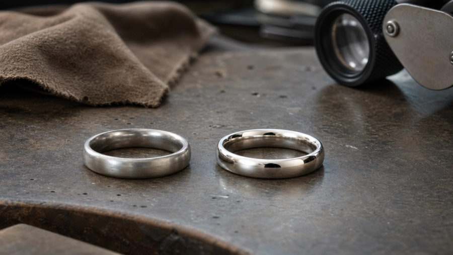 Platinum ring with patina beside a bright polished white-gold ring