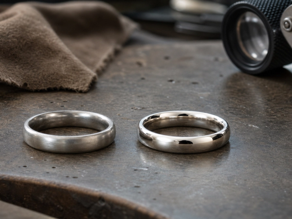 Platinum ring with patina beside a bright polished white-gold ring