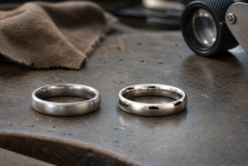 Platinum ring with patina beside a bright polished white-gold ring