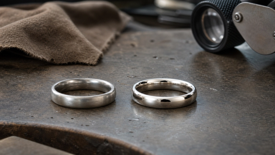 Platinum ring with patina beside a bright polished white-gold ring