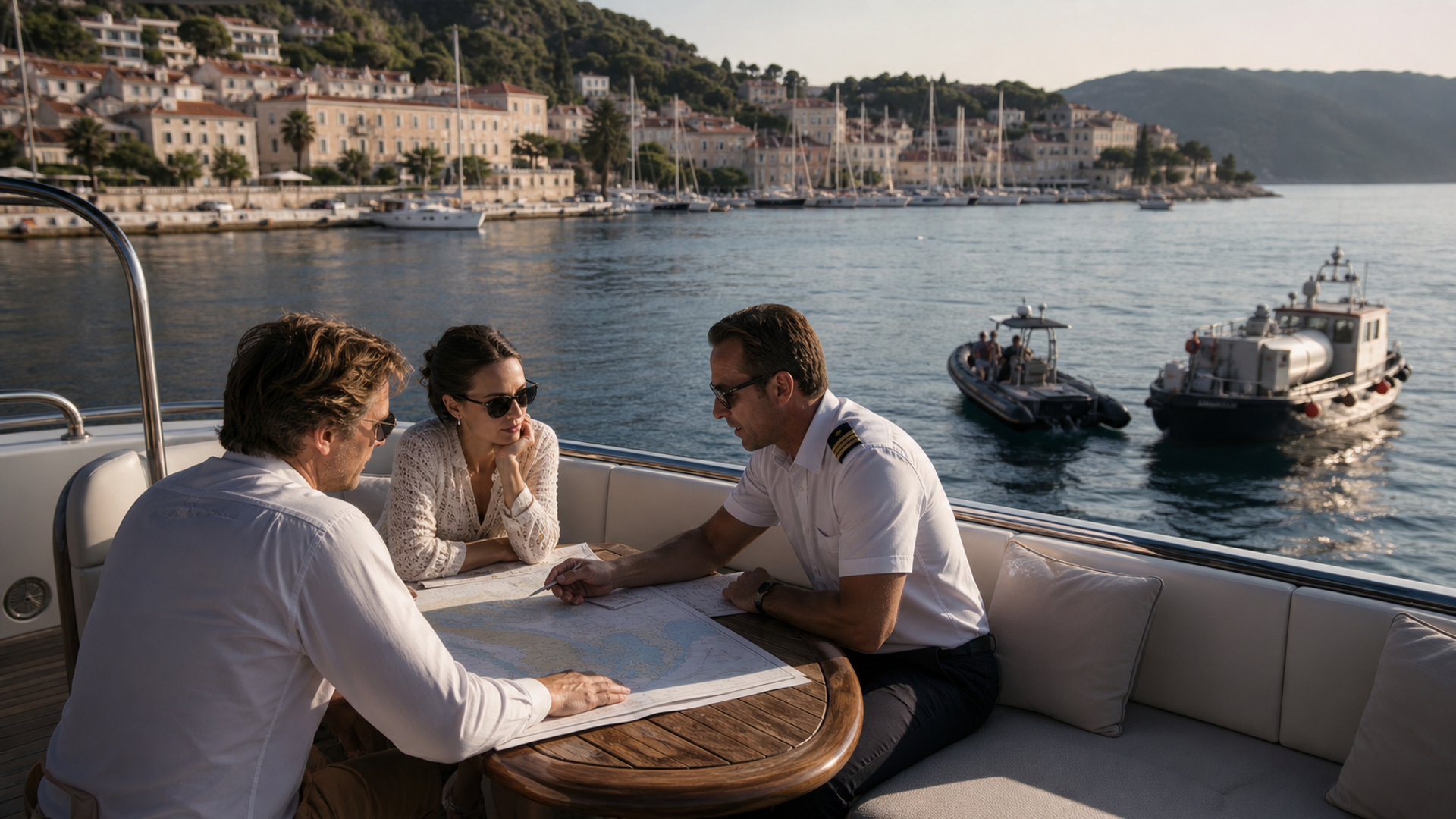Guests and a captain reviewing a yacht charter route and budget at a Mediterranean anchorage
