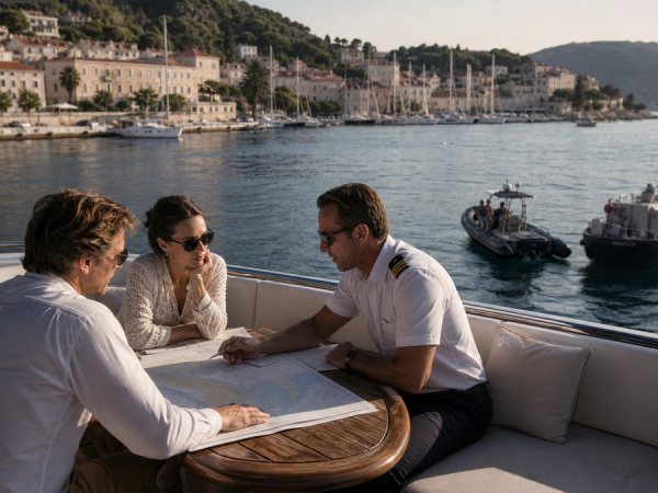 Guests and a captain reviewing a yacht charter route and budget at a Mediterranean anchorage