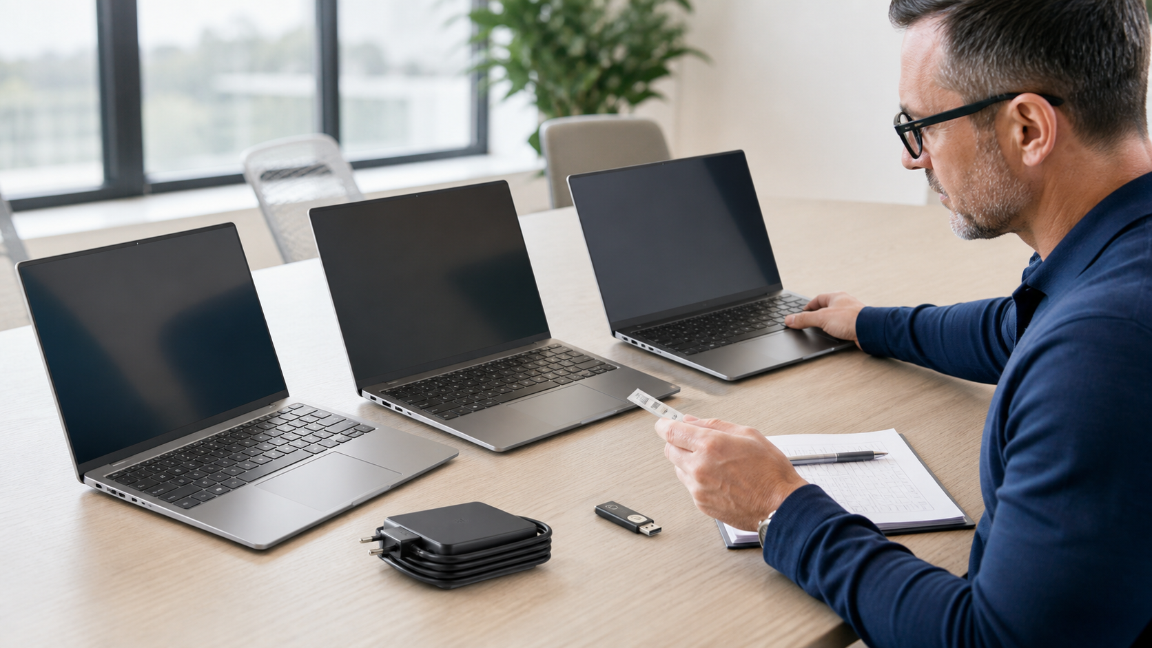 IT manager comparing three business laptops, ports and a compact travel kit