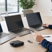 IT manager comparing three business laptops, ports and a compact travel kit