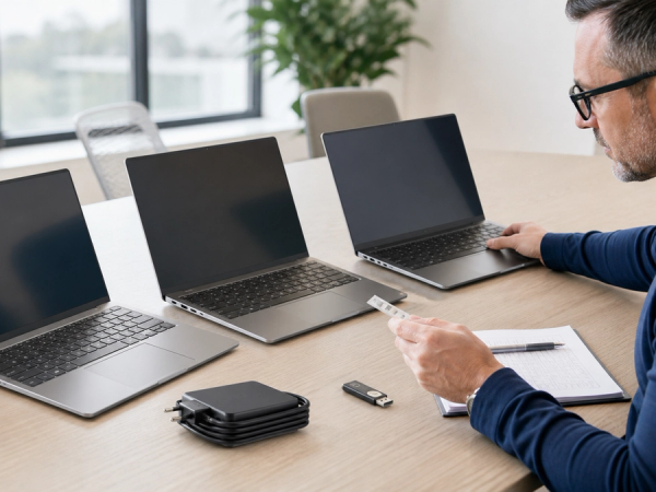 IT manager comparing three business laptops, ports and a compact travel kit