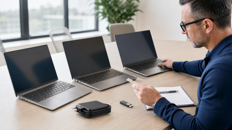 IT manager comparing three business laptops, ports and a compact travel kit