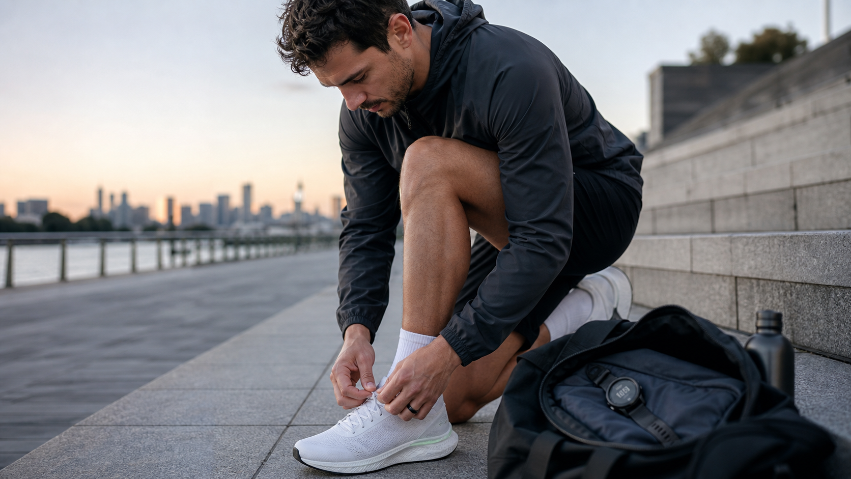 Runner wearing a smart ring with a sports watch and training kit