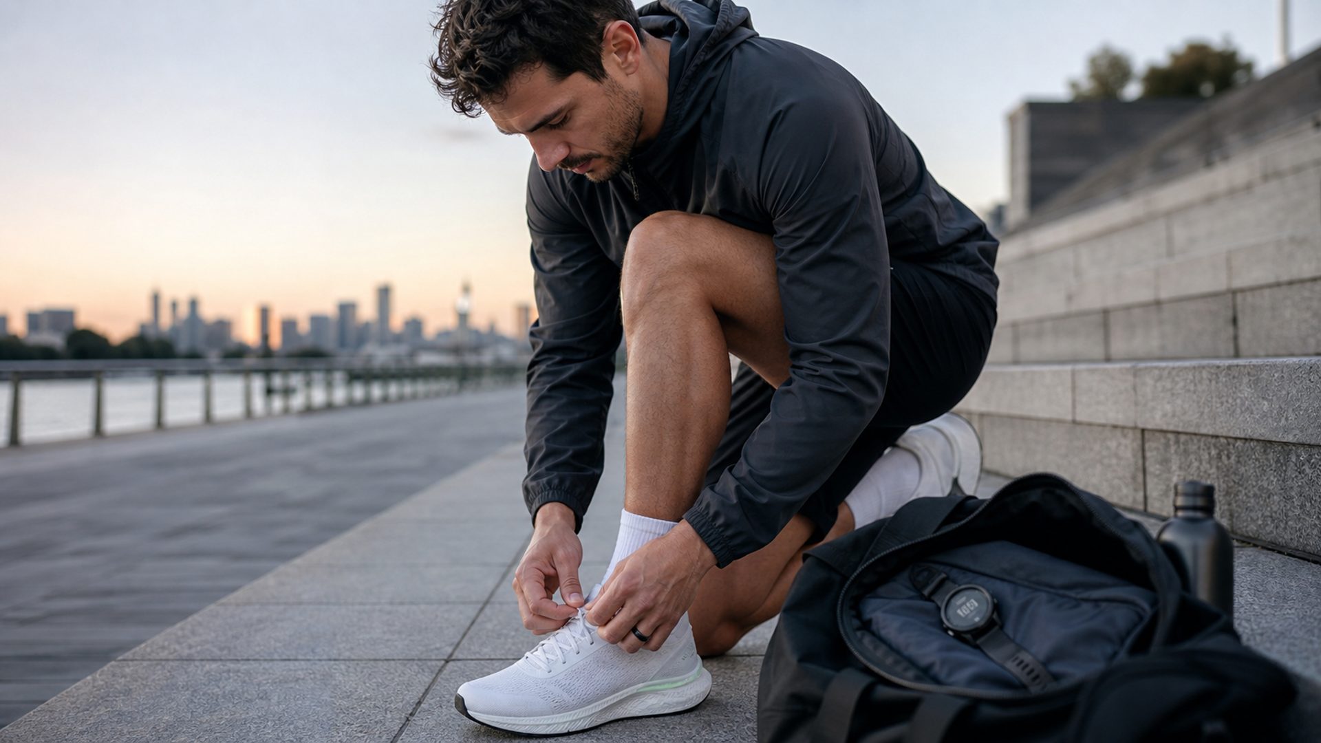 Runner wearing a smart ring with a sports watch and training kit