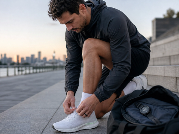 Runner wearing a smart ring with a sports watch and training kit