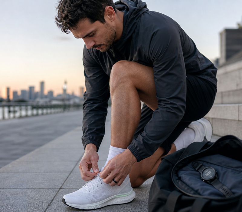 Runner wearing a smart ring with a sports watch and training kit