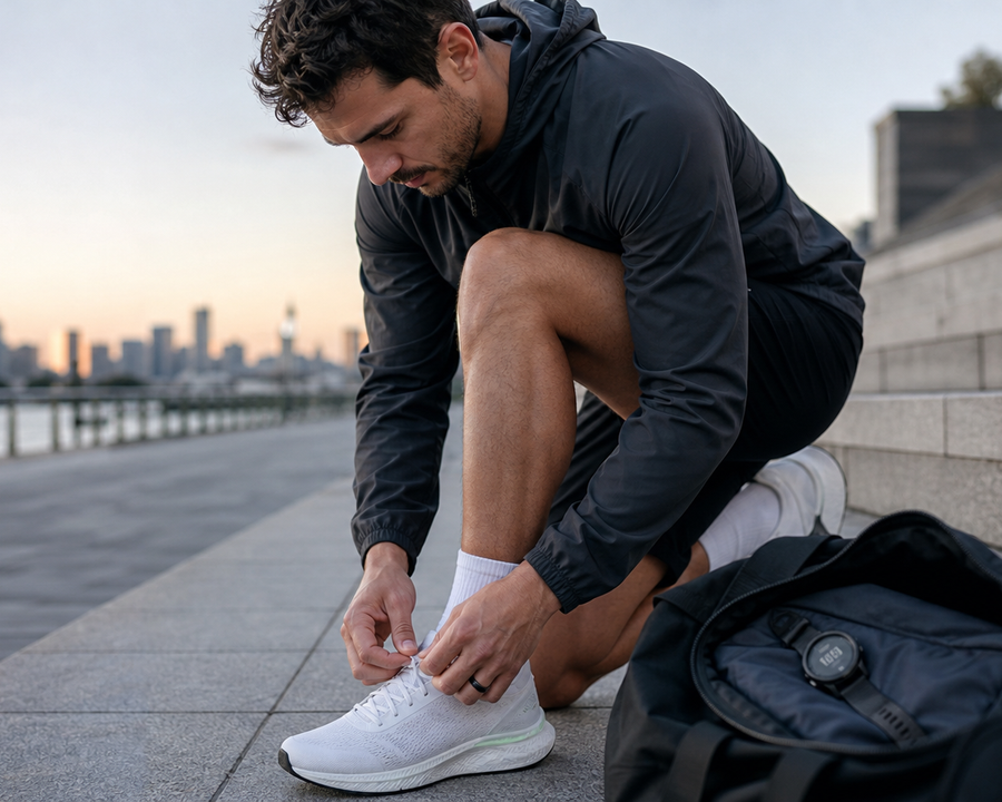 Runner wearing a smart ring with a sports watch and training kit
