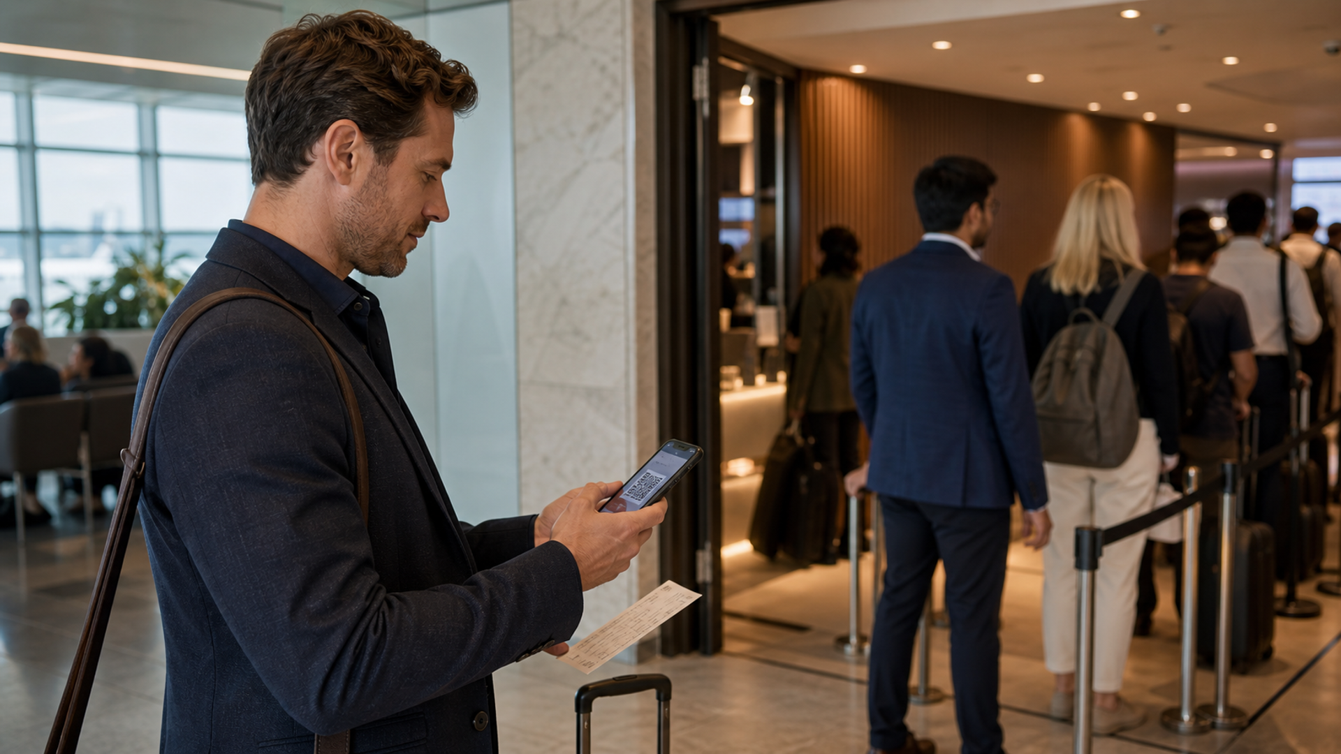 An international traveller checking a lounge membership on a phone beside a boarding pass while an airport lounge entrance and capacity queue remain visible in the background