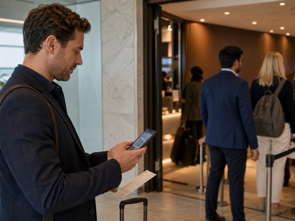 An international traveller checking a lounge membership on a phone beside a boarding pass while an airport lounge entrance and capacity queue remain visible in the background
