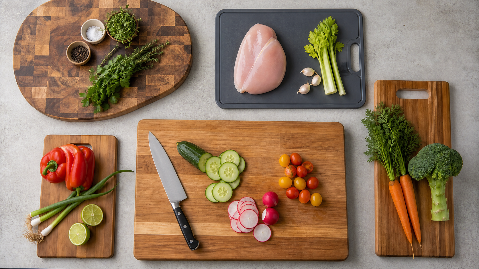 Wood and polymer cutting boards arranged for separate kitchen tasks
