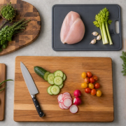 Wood and polymer cutting boards arranged for separate kitchen tasks