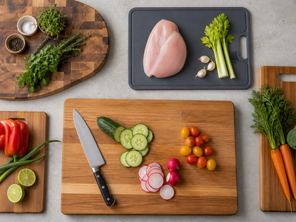 Wood and polymer cutting boards arranged for separate kitchen tasks
