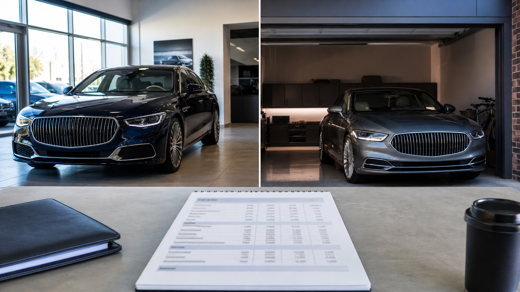 luxury-car ownership decision scene with one premium saloon at a dealership handover and a second in a private garage