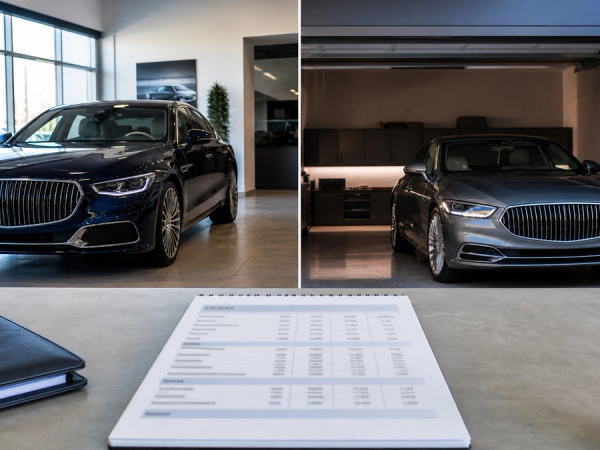 luxury-car ownership decision scene with one premium saloon at a dealership handover and a second in a private garage