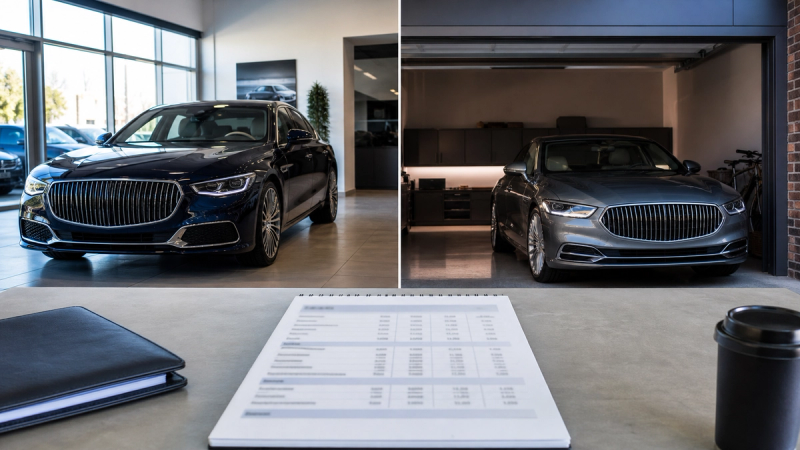 luxury-car ownership decision scene with one premium saloon at a dealership handover and a second in a private garage