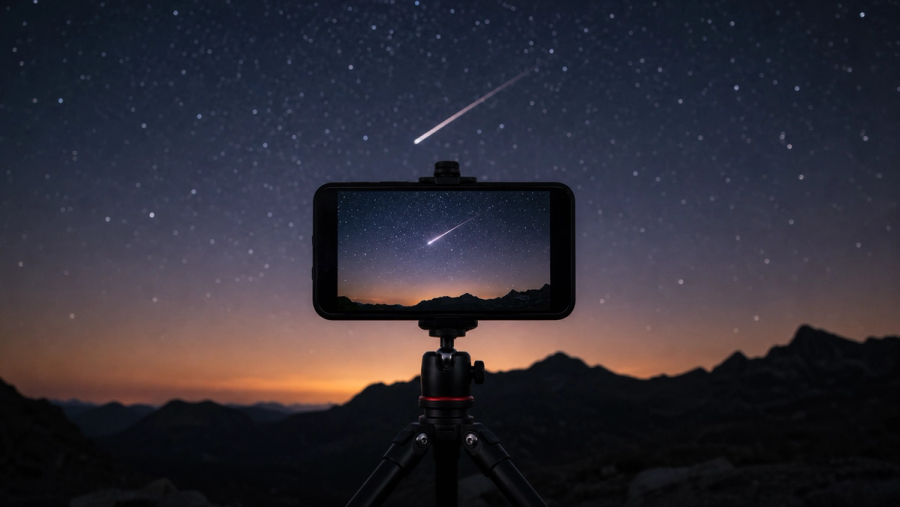 A smartphone mounted on a compact tripod photographing a bright Perseid meteor above a dark mountain landscape