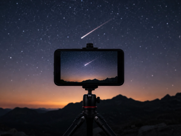 A smartphone mounted on a compact tripod photographing a bright Perseid meteor above a dark mountain landscape