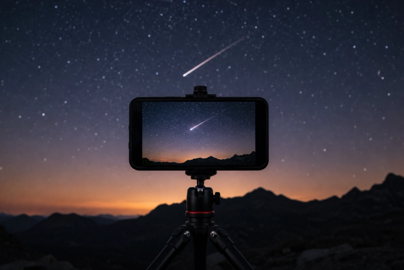 A smartphone mounted on a compact tripod photographing a bright Perseid meteor above a dark mountain landscape