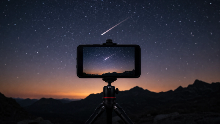 A smartphone mounted on a compact tripod photographing a bright Perseid meteor above a dark mountain landscape