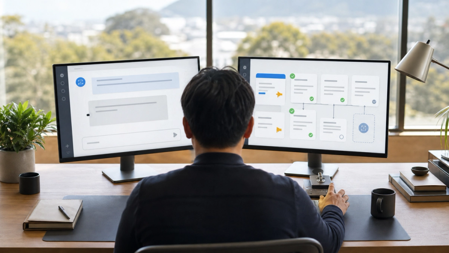 A professional reviewing an AI assistant conversation beside a monitored multi-step agent workflow