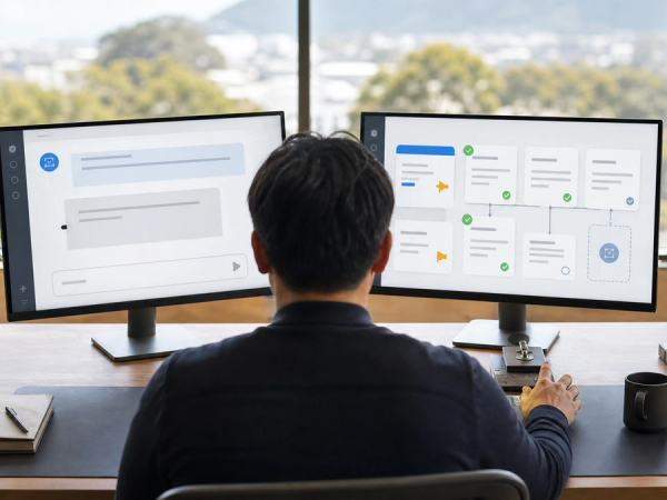 A professional reviewing an AI assistant conversation beside a monitored multi-step agent workflow