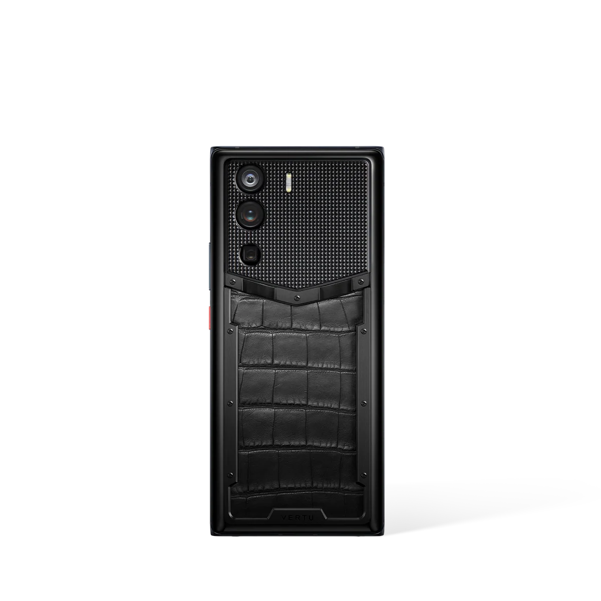 A close-up of the distinctive V-shaped logo on a Vertu phone, symbolising authenticity and official channels.