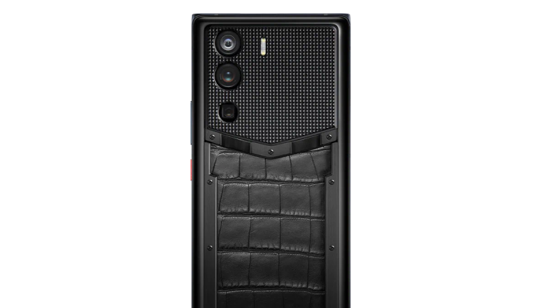 A close-up of the distinctive V-shaped logo on a Vertu phone, symbolising authenticity and official channels.