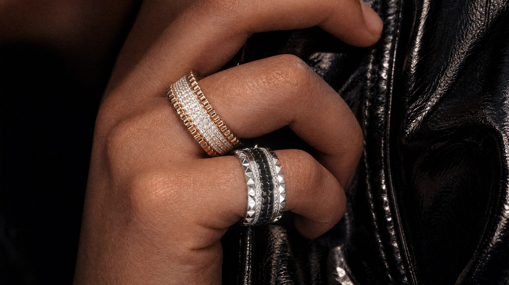 A close-up of a luxury smart ring showcasing its intricate design and material finish.