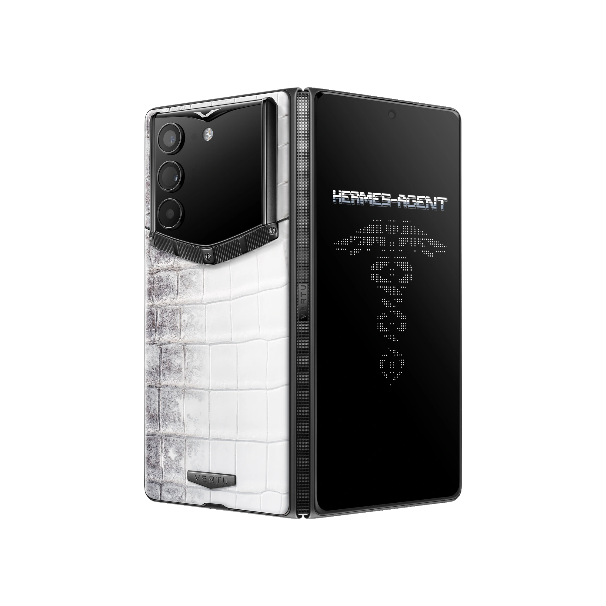 A VERTU phone showcasing the seamless integration of exotic leather and polished metal frame.