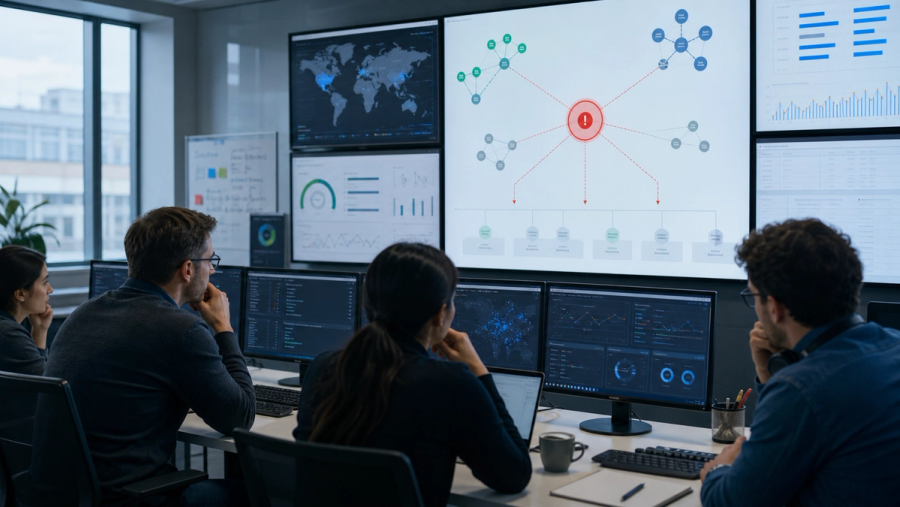 An operations team reviewing a failed regional network node and its dependent services in a command centre