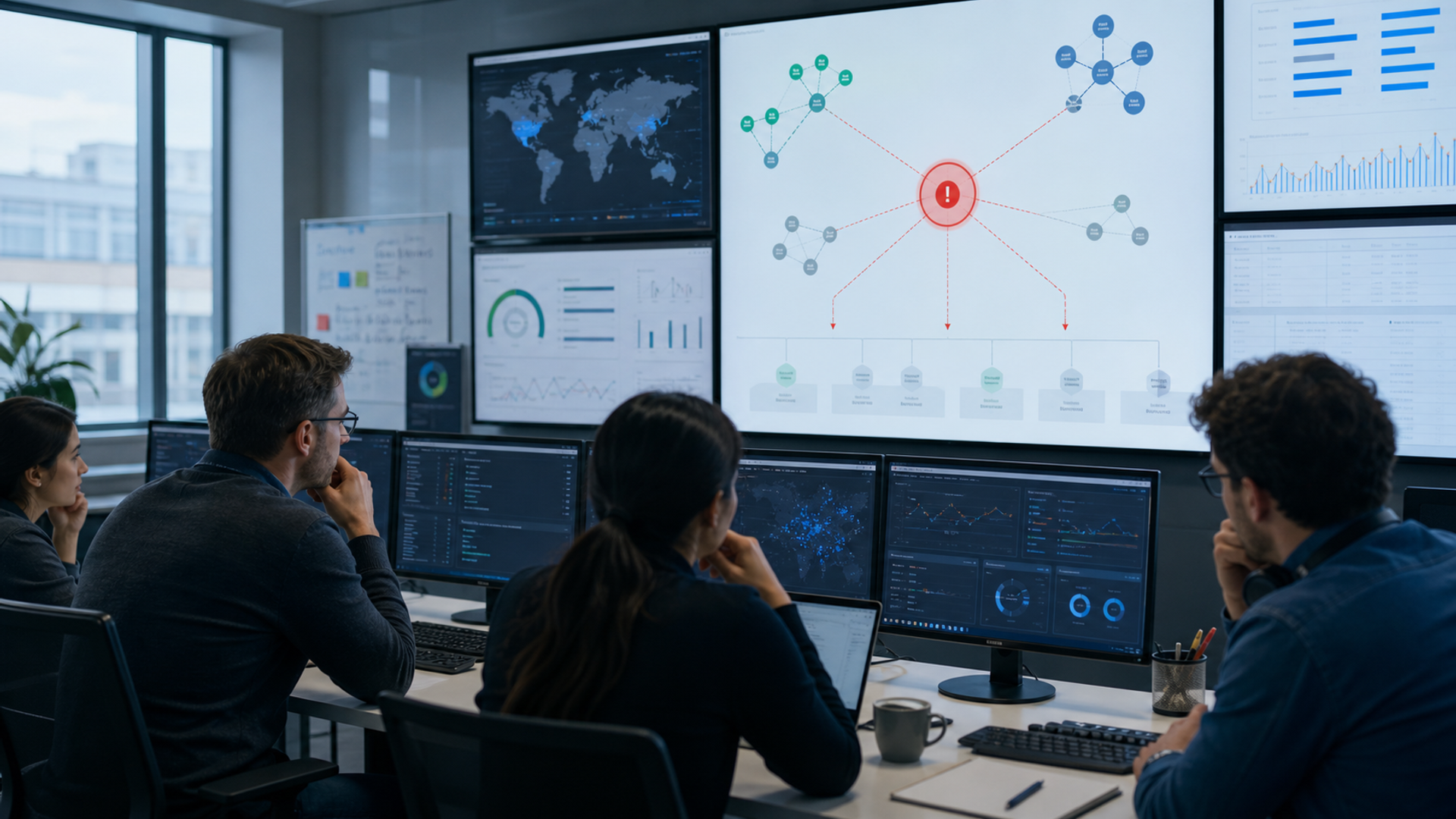 An operations team reviewing a failed regional network node and its dependent services in a command centre