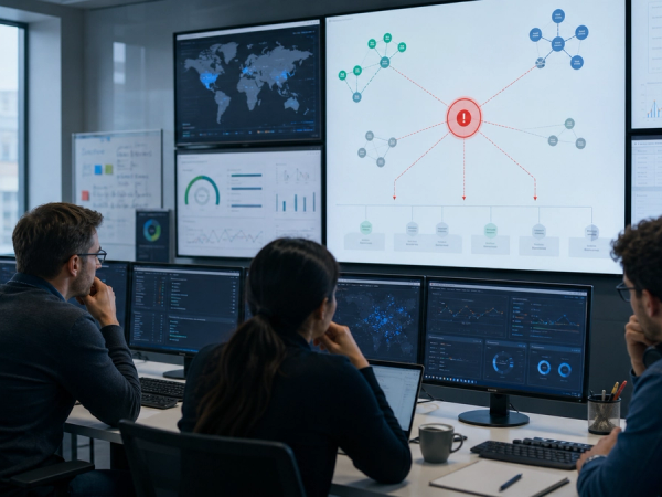 An operations team reviewing a failed regional network node and its dependent services in a command centre