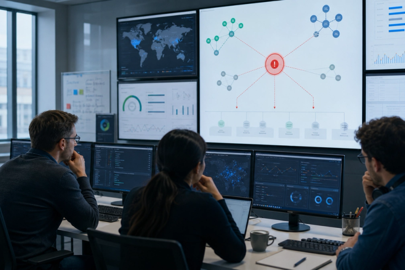 An operations team reviewing a failed regional network node and its dependent services in a command centre