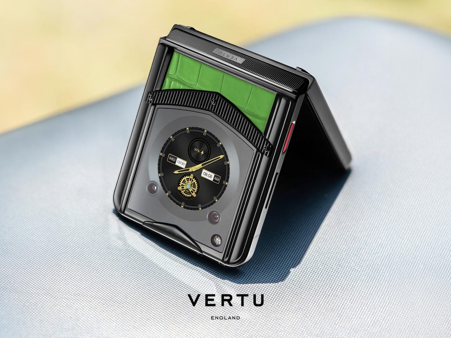 A detailed view of the intricate craftsmanship on the rear panel of a VERTU luxury phone.