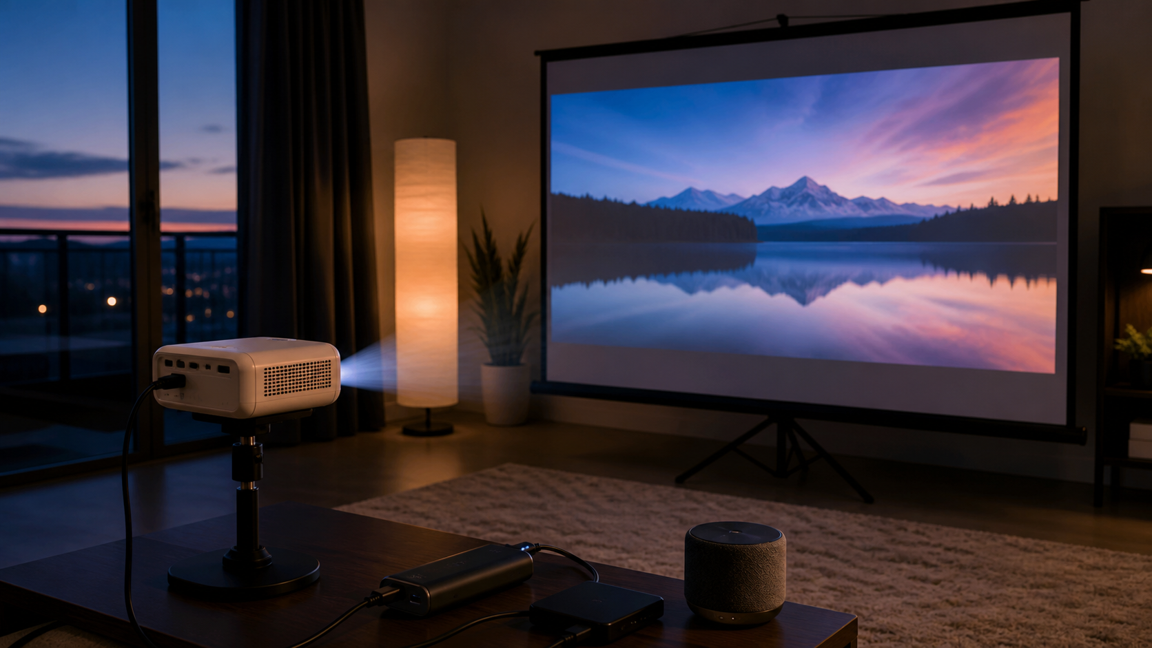 Portable projector setup showing throw distance, power, source and screen