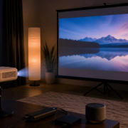 Portable projector setup showing throw distance, power, source and screen