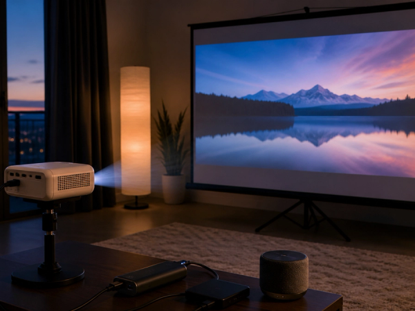 Portable projector setup showing throw distance, power, source and screen