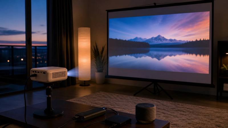 Portable projector setup showing throw distance, power, source and screen