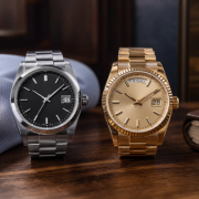 A steel date watch and a precious-metal day-date watch compared on a dressing table
