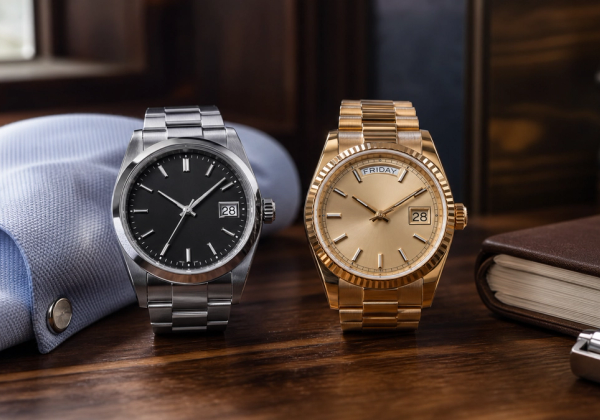Eine Stahluhr mit Datumsanzeige und eine Day-Date aus Edelmetall im Vergleich auf einer Frisierkommode