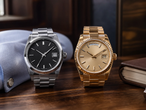 A steel date watch and a precious-metal day-date watch compared on a dressing table