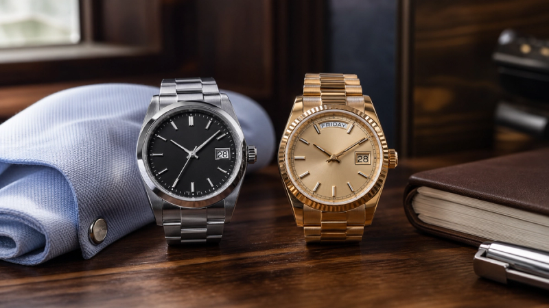 A steel date watch and a precious-metal day-date watch compared on a dressing table