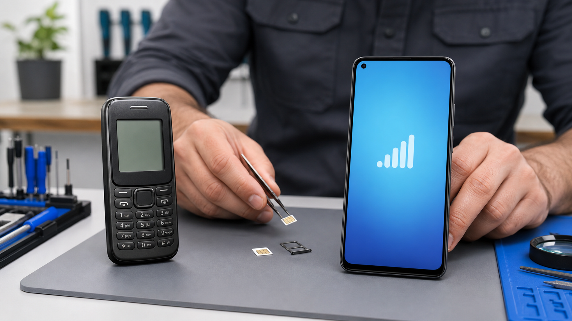 Classic keypad phone and modern LTE handset beside a mobile network compatibility checklist