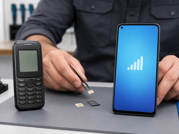 Classic keypad phone and modern LTE handset beside a mobile network compatibility checklist