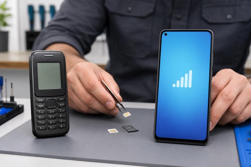Classic keypad phone and modern LTE handset beside a mobile network compatibility checklist