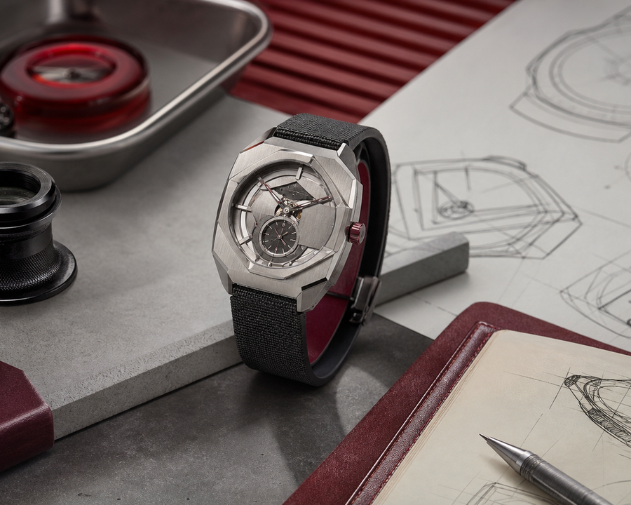 Contemporary geometric wristwatch displayed beside a loupe, sketchbook and collector evaluation card